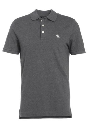 Dark gray short-sleeve polo shirt with a collar, three white buttons, and a small white animal logo on the left chest.