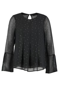 Blusa nera trasparente con maniche lunghe, apertura a goccia sul retro, frontale plissettato e dettagli a punto argento. Legature ai polsini delle maniche per aggiustamenti.