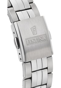Sidabrinis nerūdijančio plieno laikrodis su šepečiu apdirštu paviršiumi, stačiakampiu užsegimu ir sujungtomis grandinėlėmis. Yra išgraviruoti "F" ir "FESTINA" logotipai.