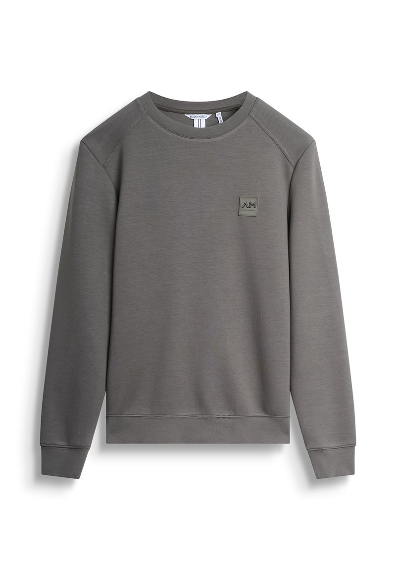 Grijze sweatshirt met een ronde hals, ribgebreide manchetten en onderrand, en een klein logo op de borst. Soepele, zachte stof met een normale pasvorm.