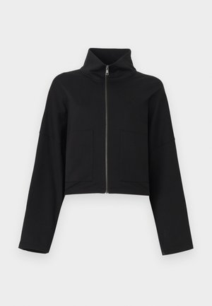 Black cropped jacket with high collar and full-length zipper. Features two front pockets and wide sleeves. Made of soft fabric.