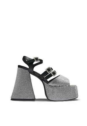 Black and silver platform sandal with three rhinestone buckled straps and a wide, textured block heel.