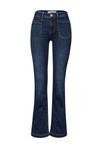 Tmavě modré džíny z denimu s předními náprsními kapsami, zapínáním na knoflík a mírně rozšířenými nohavicemi.