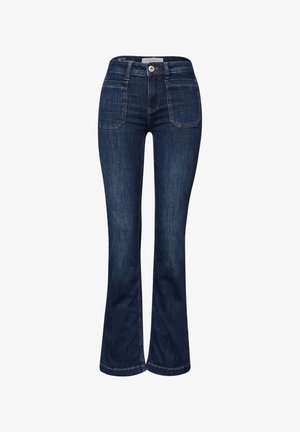 Mørkeblå denim jeans med frontlomme, knaplukning og let udvidede ben.