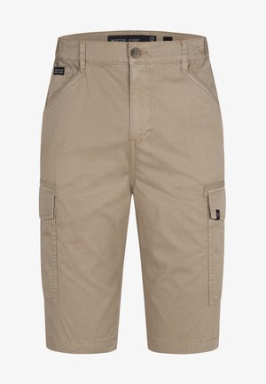 Beige cargo nadrág, könnyű anyagból, oldalsó zsebekkel, cipzáras sliccel és gombos záródással, finom varrott textúrával.