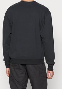 Black sweatshirt, cotton material, crew neck, long sleeves, ribbed cuffs and hem, relaxed fit, minimal detailing, worn with black cargo pants.