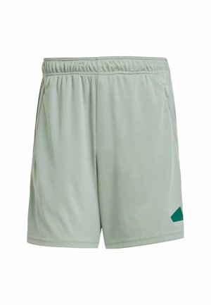 Světle šedé sportovní kraťasy s elastickým pasem a bočními kapsami, s malým tmavě zeleným geometrickým logem na dolní pravé nohavici.