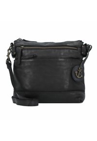 Borsa a tracolla in pelle nera con chiusura a zip, un charm ancorato e una tracolla removibile. Texture liscia con dettagli metallici.