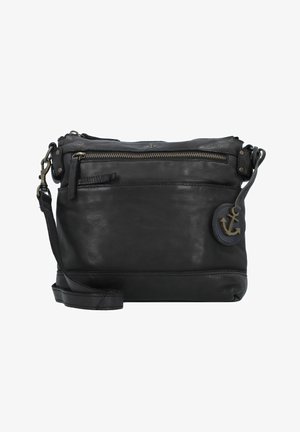 Borsa a tracolla in pelle nera con chiusura a zip, un charm ancorato e una tracolla removibile. Texture liscia con dettagli metallici.