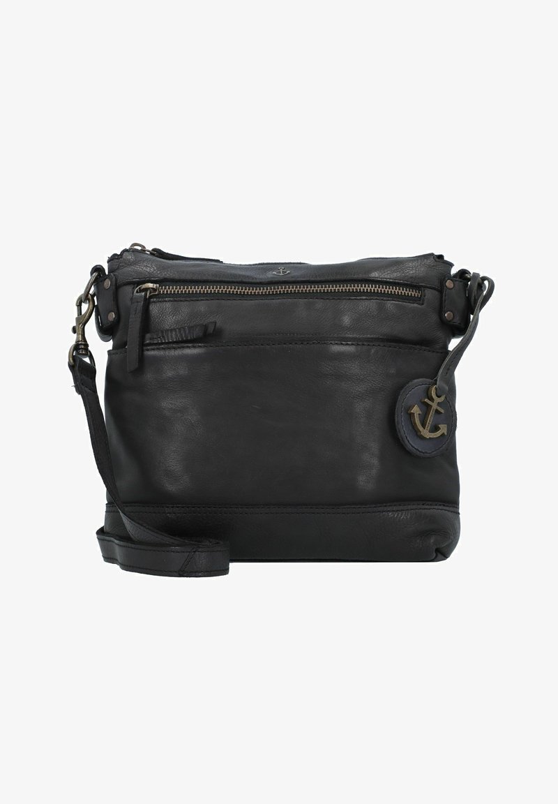 Borsa a tracolla in pelle nera con chiusura a zip, un charm ancorato e una tracolla removibile. Texture liscia con dettagli metallici.