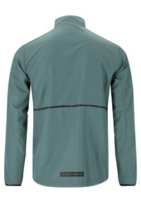 Hellgrüne leichte Jacke mit langen Ärmeln, hohem Kragen, einem schwarzen reflektierenden Streifen auf dem Rücken und dem Label "ENDURANCE" in der Nähe des Saums.
