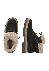 Svarta ankelstövlar med en fuskpälskant, strukturerad svart ovandel, beige gummisula och grå snören med ögla i guldton.