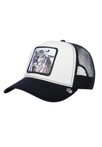 White and black trucker cap featuring an embroidered tiger design on the front, with a mesh back and curved visor. Notable details include hardware stitching.