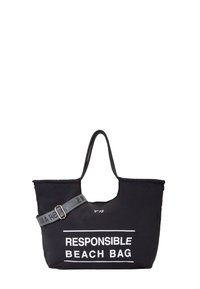 Borsa da spiaggia nera in tessuto con doppio manico, tracolla grigia regolabile e testo bianco che recita "BORSA DA SPIAGGIA RESPONSABILE". Design semplice e spazioso.