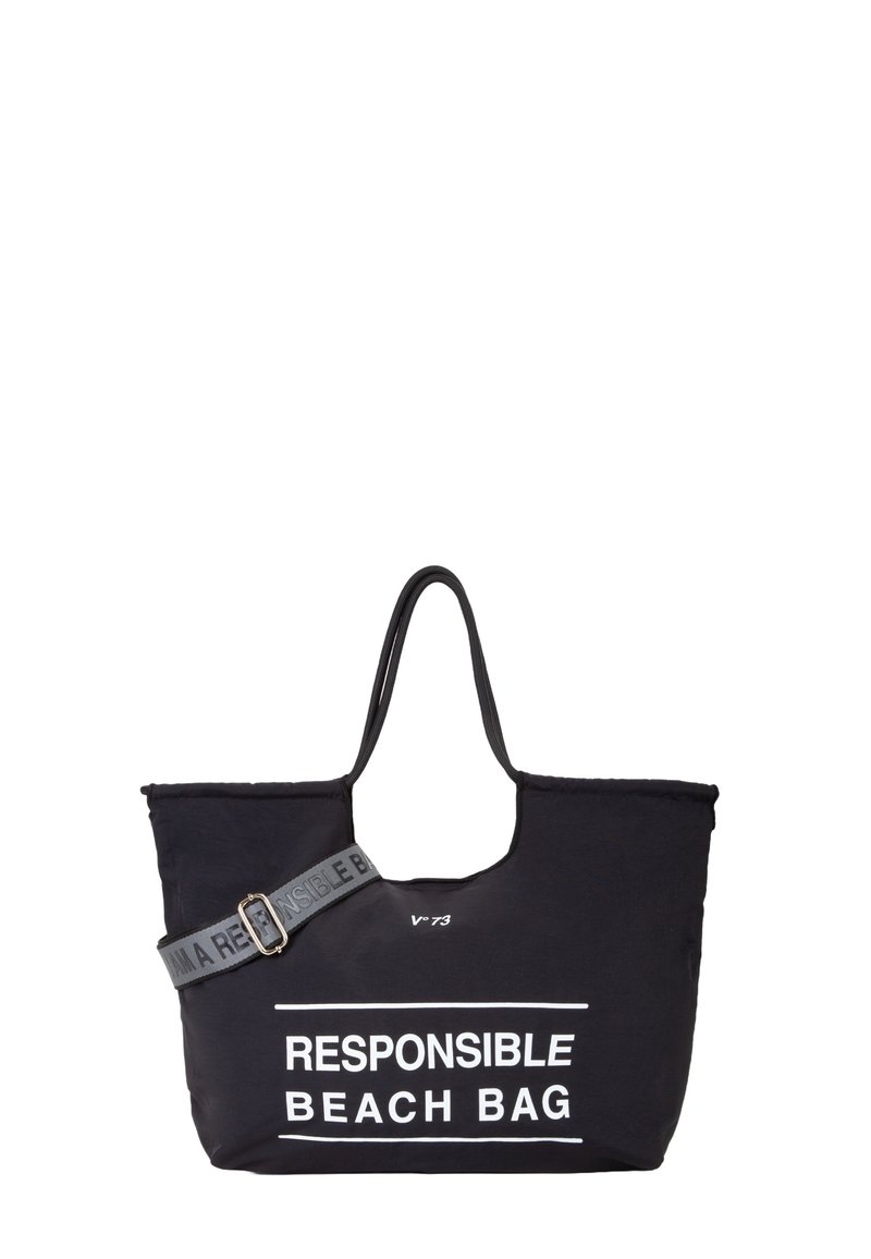 Borsa da spiaggia nera in tessuto con doppio manico, tracolla grigia regolabile e testo bianco che recita "BORSA DA SPIAGGIA RESPONSABILE". Design semplice e spazioso.