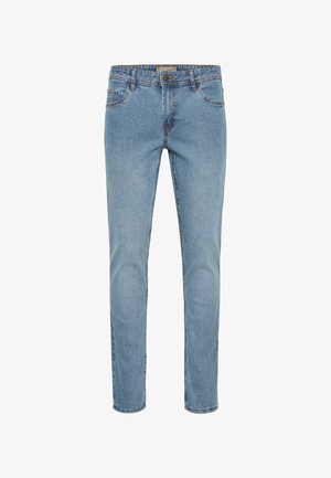 Lysblå denim jeans med lige ben, fem-lomme design, metalknaplukning og syningdetaljer langs sømmene.