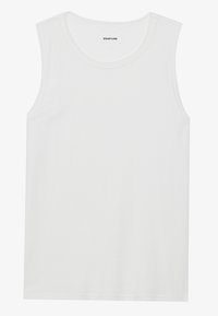 Vit ärmlös linne av ribbad tyg med rund halsringning och rak fåll. Labeln säger "YOURTURN." En enkel och klassisk design.