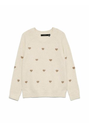 Suéter crema hecho de una tela suave, con pequeños corazones dorados bordados dispersos por la superficie. Cuello redondo y puños acanalados.