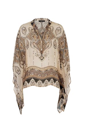 Loose beige blouse with wide sleeves, featuring intricate brown paisley and floral patterns and a buttoned V-neck collar.