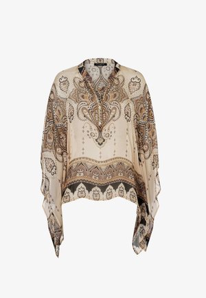 Loose beige blouse with wide sleeves, featuring intricate brown paisley and floral patterns and a buttoned V-neck collar.