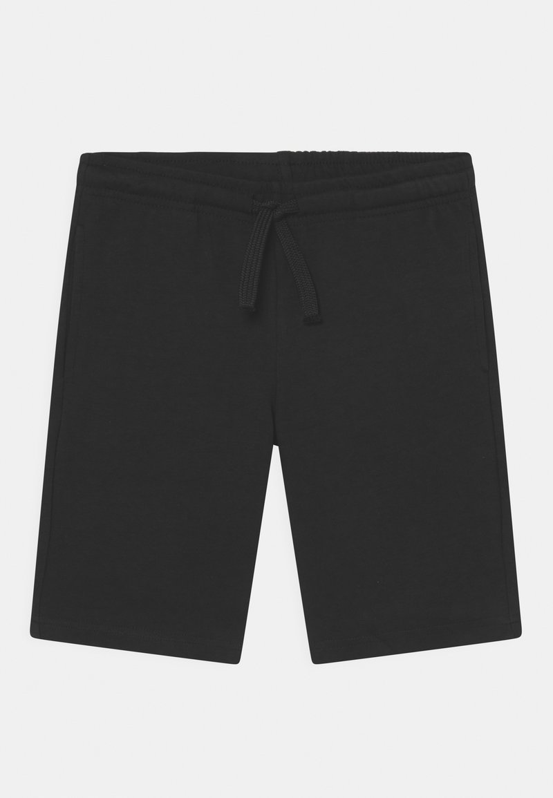 Pantalones cortos de algodón negros con cinturilla elástica y cordón ajustable. Presentan bolsillos laterales y una textura simple y suave.