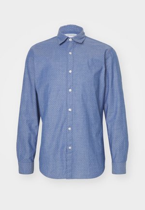 Blaues Button-up-Hemd aus leichtem Stoff, mit einem dezenten Muster, langen Ärmeln und einem klassischen Kragen.