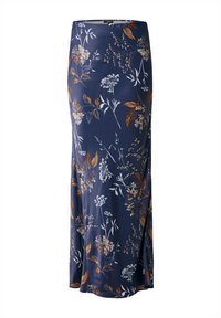 Marineblauwe maxi rok met bloemenprint en een zijsplit, met witte en bruine botanische afdrukken. Gemaakt van lichtgewicht, soepel materiaal.