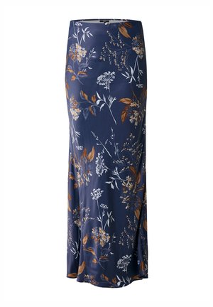 Marineblauwe maxi rok met bloemenprint en een zijsplit, met witte en bruine botanische afdrukken. Gemaakt van lichtgewicht, soepel materiaal.