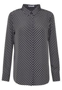 Camicia a maniche lunghe con bottoni in bianco e nero con motivo a pois, caratterizzata da un colletto classico e una texture di tessuto liscia.