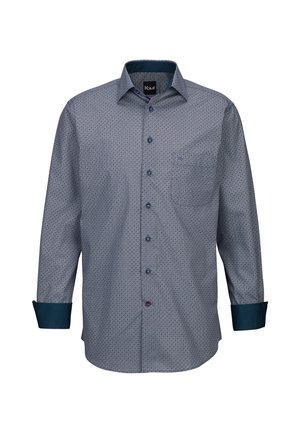 Camicia a maniche lunghe di colore blu navy con un motivo geometrico, dotata di un davanti con bottoni, polsini blu scuro a contrasto e una tasca sul petto.