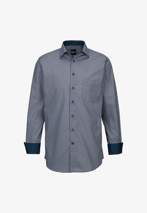 Camicia a maniche lunghe di colore blu navy con un motivo geometrico, dotata di un davanti con bottoni, polsini blu scuro a contrasto e una tasca sul petto.