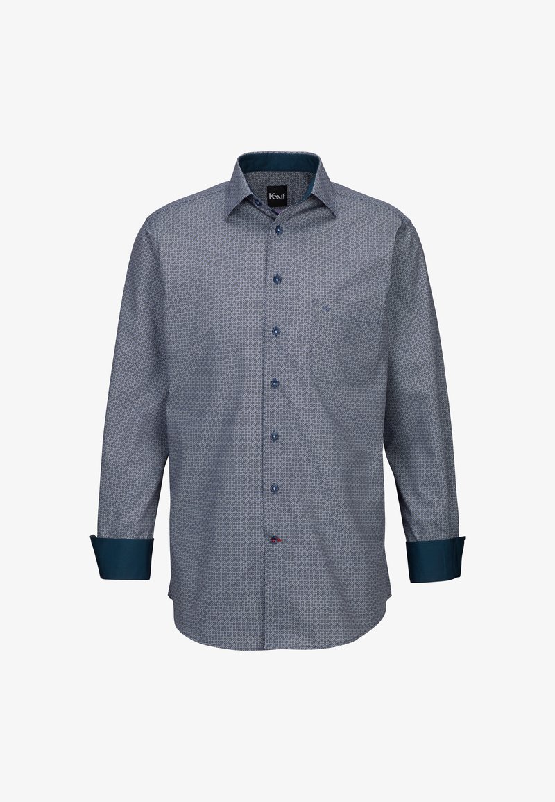 Camicia a maniche lunghe di colore blu navy con un motivo geometrico, dotata di un davanti con bottoni, polsini blu scuro a contrasto e una tasca sul petto.