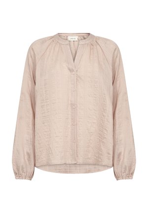 Ljusrosa blus i texturerat tyg, med kraglös ringning, framknäppning och långa, sammetsliknande ärmar.
