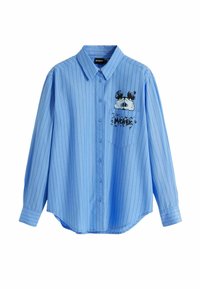 Blauw gestreept overhemd met lange mouwen en een button-down kraag, met een grafische print van handen en "Mickey" op de borstzak.