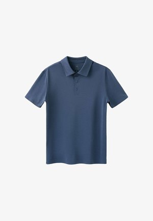 Polo bleu marine à manches courtes avec trois boutons et un col classique, posé à plat sur fond blanc.