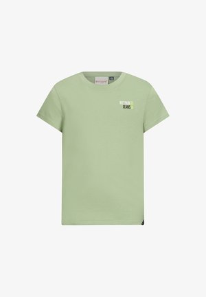 T-shirt in cotone verde chiaro con maniche corte. Presenta un piccolo logo in bianco e testo verde sulla parte anteriore. Design classico con colletto tondo.