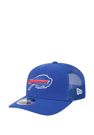 Blue baseball cap featuring a mesh back, a raised embroidered buffalo logo, and a red stripe across the logo. Flat brim design.