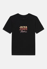 Black cotton t-shirt with short sleeves, featuring a colored graphic print that includes "JACK & JONES" and a signature detail in the center.