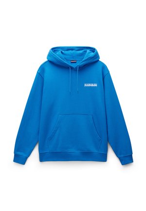 Blå hættetrøje lavet af bomuldsblanding, med en frontlomme, justerbar snorhætte og et logo på den øverste venstre brystområde.