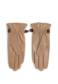 Beige skinnhansker med rynkede håndledd og brune detaljer, som har en glatt tekstur og separate tommel- og fingerseksjoner.