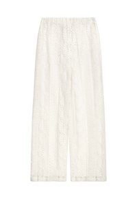 Weiße, weit geschnittene Hose aus strukturiertem Stoff mit aufwendigen Blattmustern, einem elastischen Bund und einer lockeren, fließenden Passform.