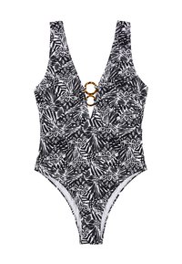 Maillot de bain noir et blanc une pièce avec un motif floral, décolleté en V profond, larges bretelles et un accent en anneau doré au niveau de la poitrine.
