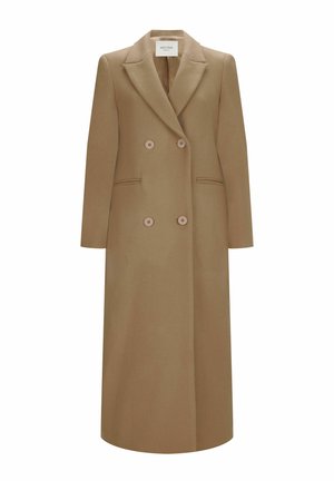 Double-breasted, long coat in light brown fabric, featuring a notched collar, two front pockets, and smooth texture. Buttons are round and beige.