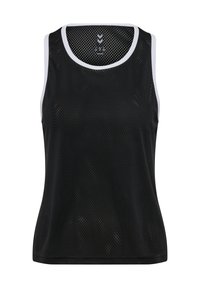 Black mesh tank top with white accents, featuring a round neck, sleeveless design, and a breathable texture for athletic wear.