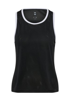 Sort mesh tank top med hvide detaljer, der har en rund hals, er uden ærmer og har en åndbar tekstur til sportstøj.