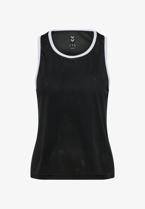 Sort mesh tank top med hvide detaljer, der har en rund hals, er uden ærmer og har en åndbar tekstur til sportstøj.