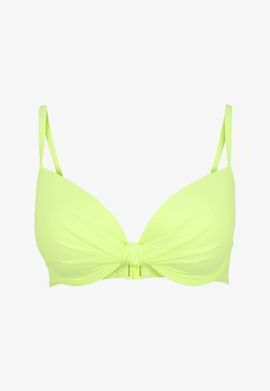 Neon-gelber Bikini-Oberteil mit gepolsterten Cups, gedrehtem Frontdesign, verstellbaren Trägern und einem Druckverschluss im Rücken. Glatte synthetische Textur.