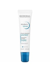 Bioderma Atoderm Lèvres, een witte plastic tube van 15 ml met blauwe accenten, bevat herstellende lippenbalsem voor droge, gebarsten, beschadigde lippen.