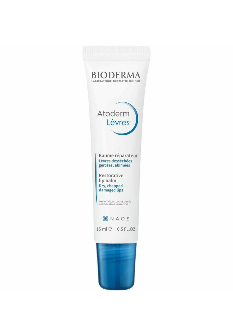 Bioderma Atoderm Lèvres, een witte plastic tube van 15 ml met blauwe accenten, bevat herstellende lippenbalsem voor droge, gebarsten, beschadigde lippen.