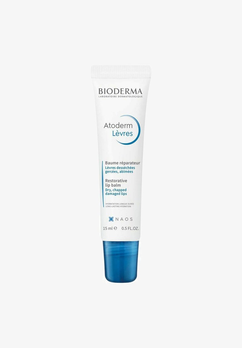 Bioderma Atoderm Lèvres, een witte plastic tube van 15 ml met blauwe accenten, bevat herstellende lippenbalsem voor droge, gebarsten, beschadigde lippen.